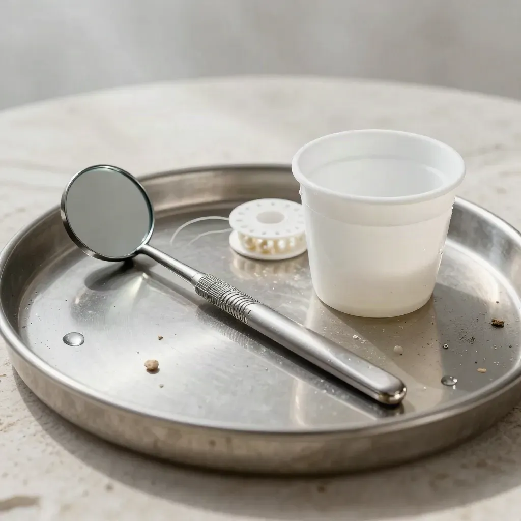Dental hygiene tools on limestone with a floss spool rolling beside a mirror and rinse cup.