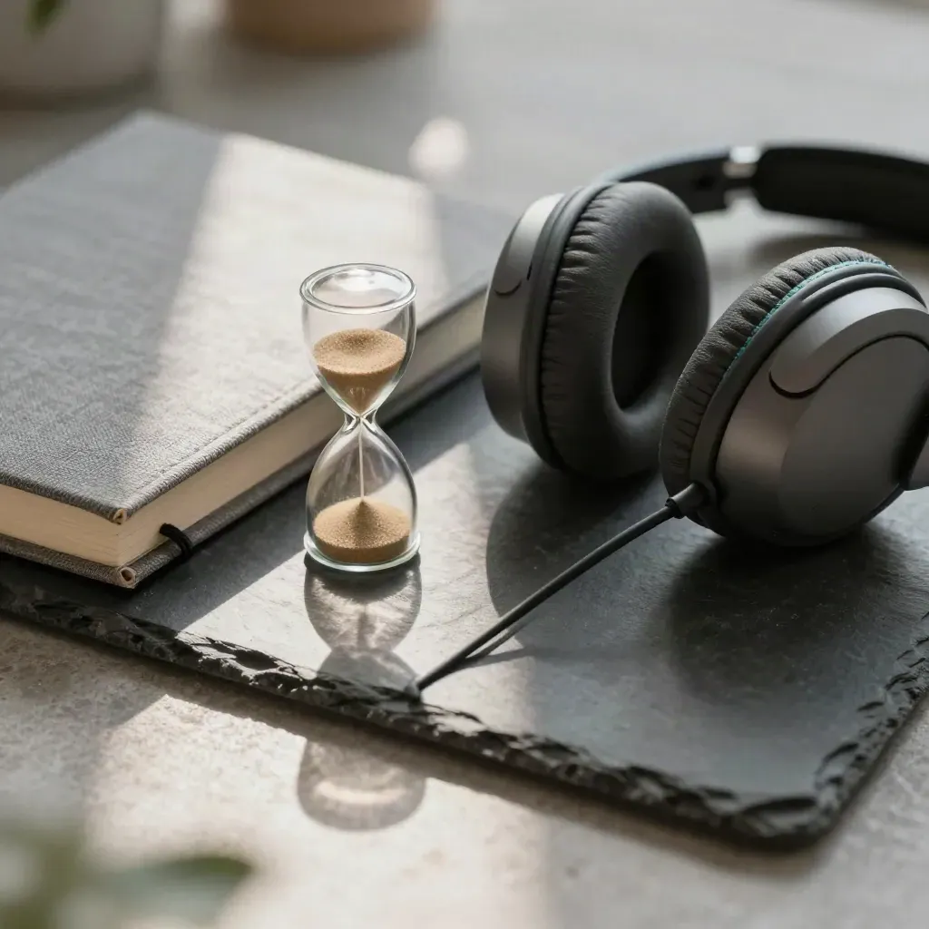Macro still life of a headset, sand timer, and linen journal on slate.
