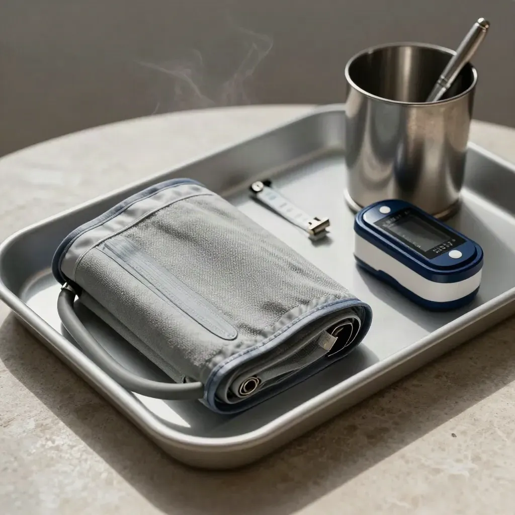 Cardiology triage tray with cuff, pulse oximeter, ECG clips, and metal cup on stone