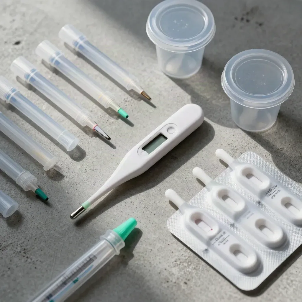 Top-down triage kit with swabs, thermometers and sample cups on pale concrete
