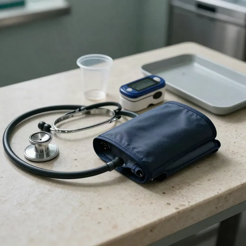 Telehealth intake tools on stone: cuff, stethoscope, oximeter, specimen cup, and clip tray in dramatic light.