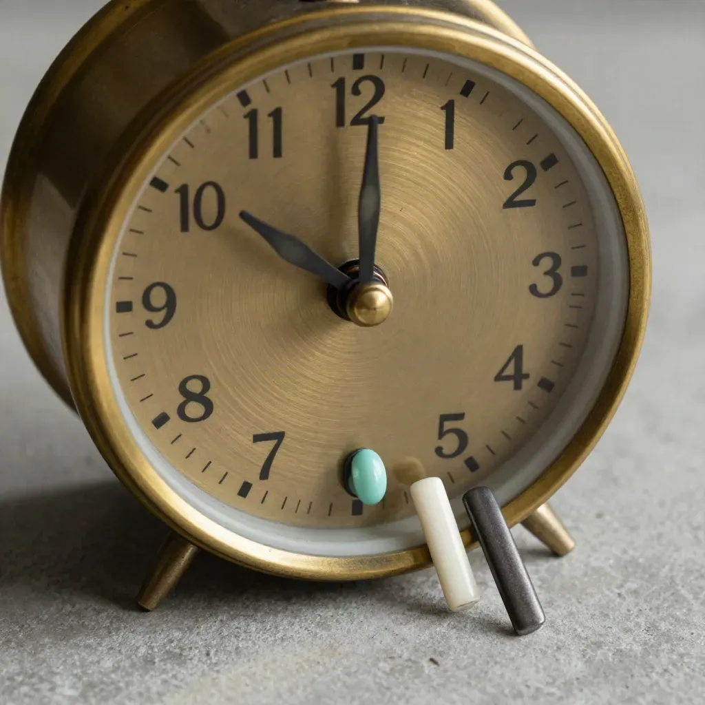 Brass desk clock with queue tokens and appointment pegs on concrete, top-down macro.