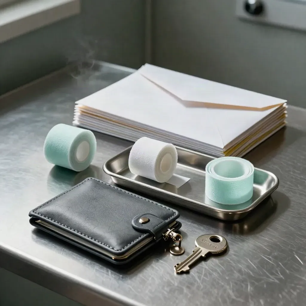Clinic file wallet, wristband roll, privacy envelopes and steel tray on a brushed metal counter.