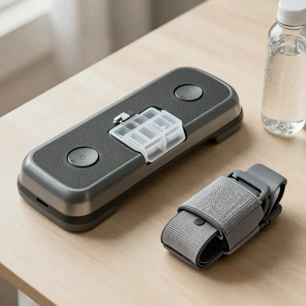 Macro still life of a step counter, pill organizer, wrist cuff and water bottle on pale wood.