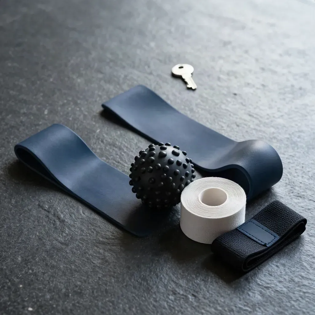 Sports-medicine recovery items on dark stone: band, cold-wrap, massage ball, athletic tape