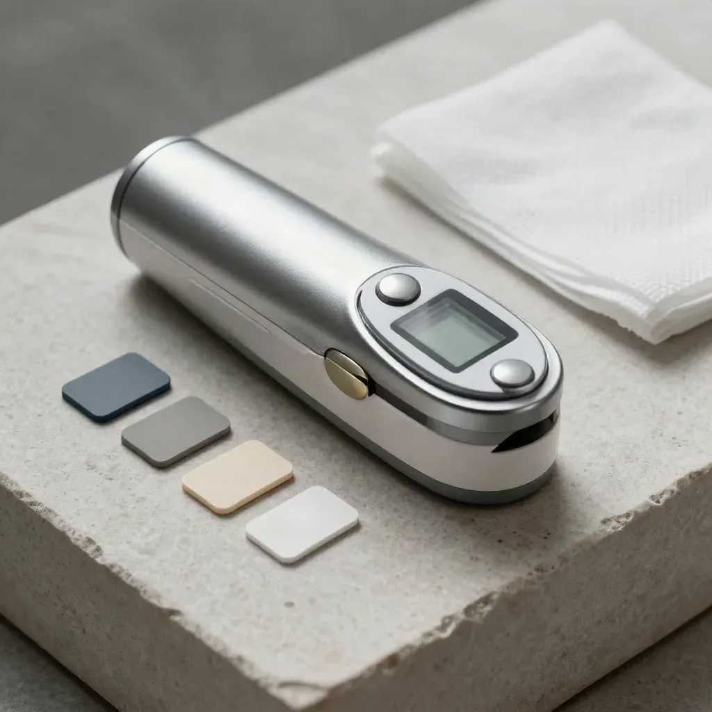 Triage thermometer, pulse oximeter probe, and muted index tabs on pale stone with soft gray mist.