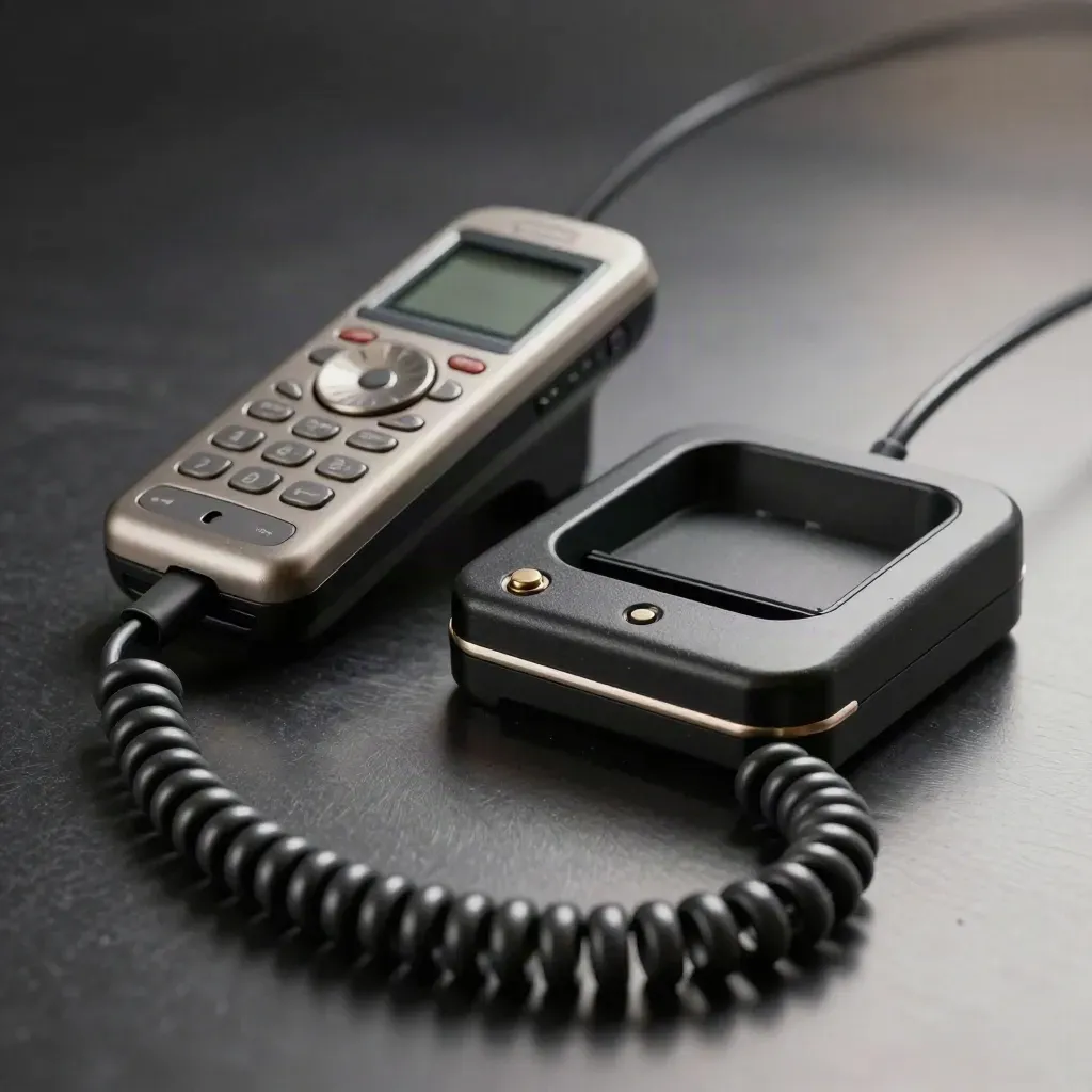 Pager, cradle and coiled cord on brushed metal in dramatic studio light