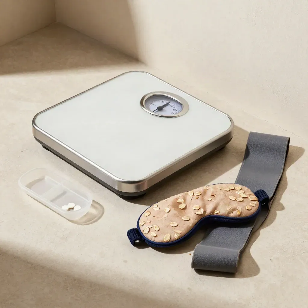 Analog scale, pill tray, sleep mask, and resistance band on cream plaster in soft daylight.