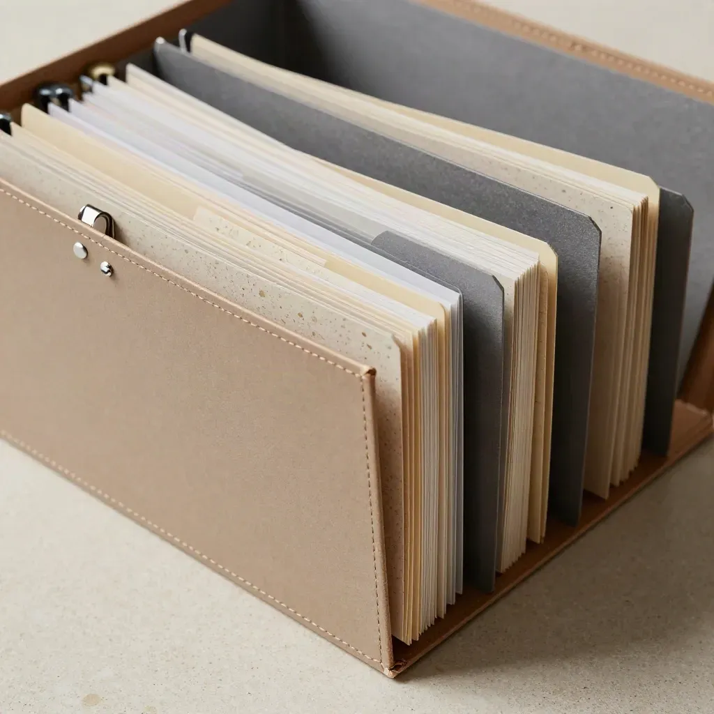 Macro of a file sorter with accordion folder, tabs and binder clips on pale terrazzo.