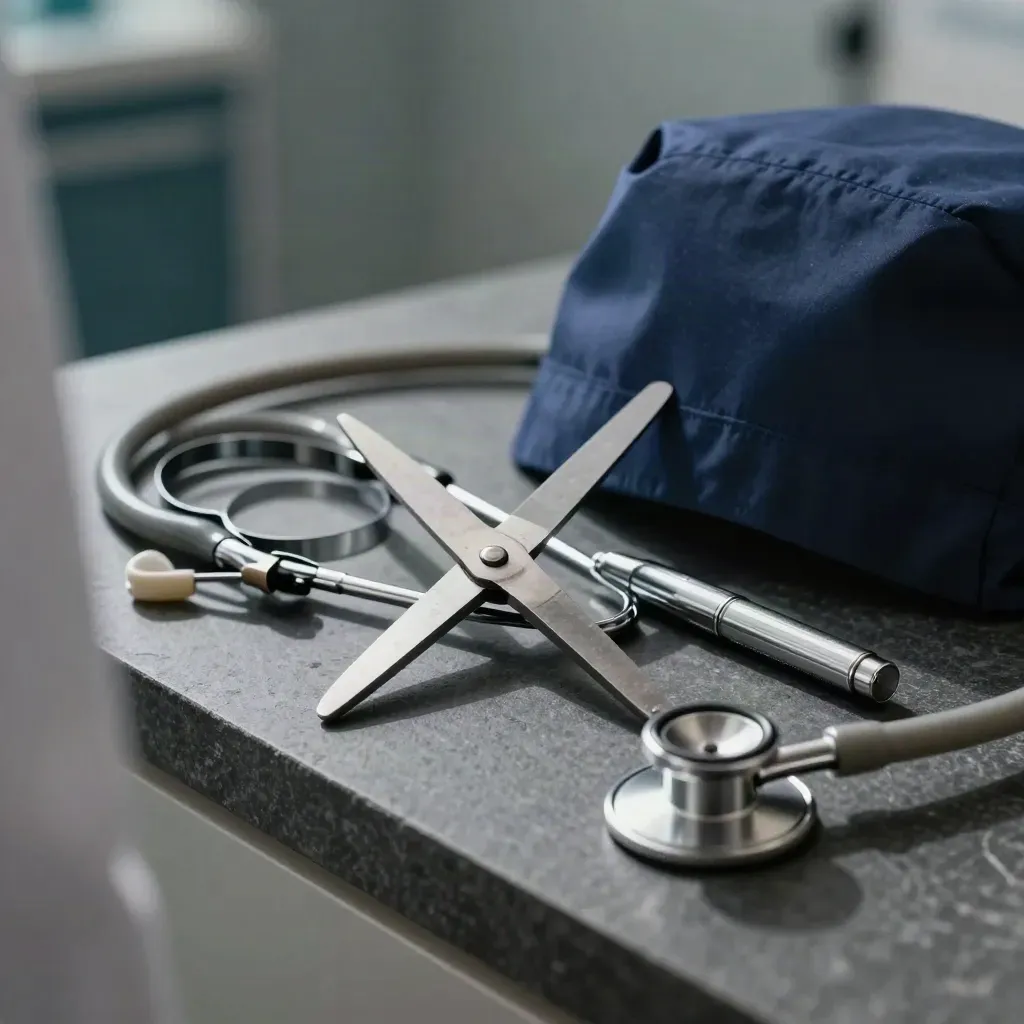 Stethoscope, penlight, trauma shears and scrub cap on charcoal stone with soft foreground blur.
