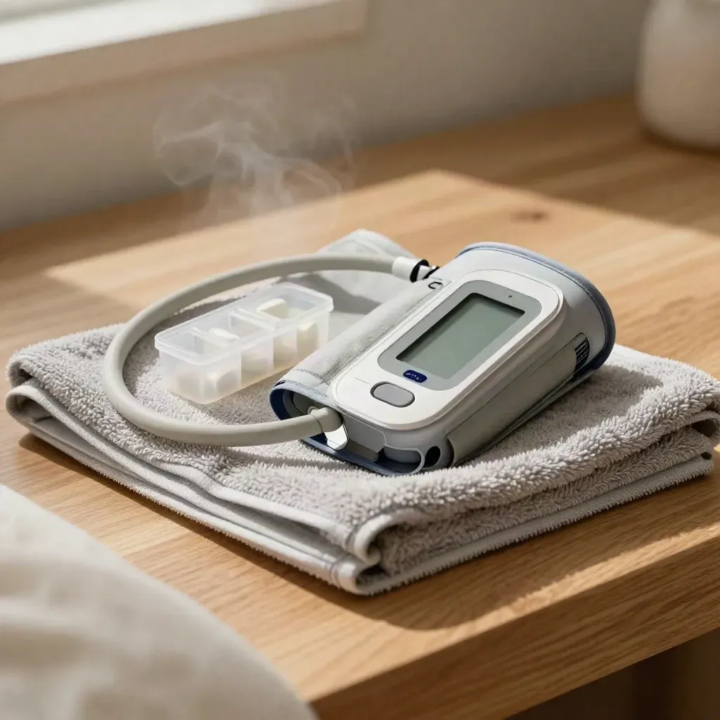 Blood-pressure cuff, pill organizer and step counter on a towel, lit by soft daylight.