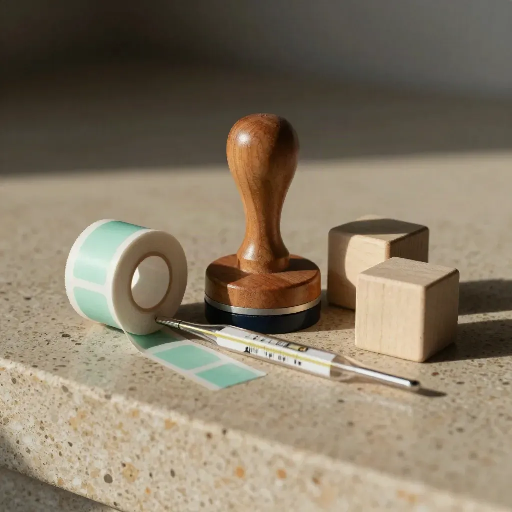 Pediatric intake still life with stamp, sticker roll, thermometer, and toy blocks on warm stone