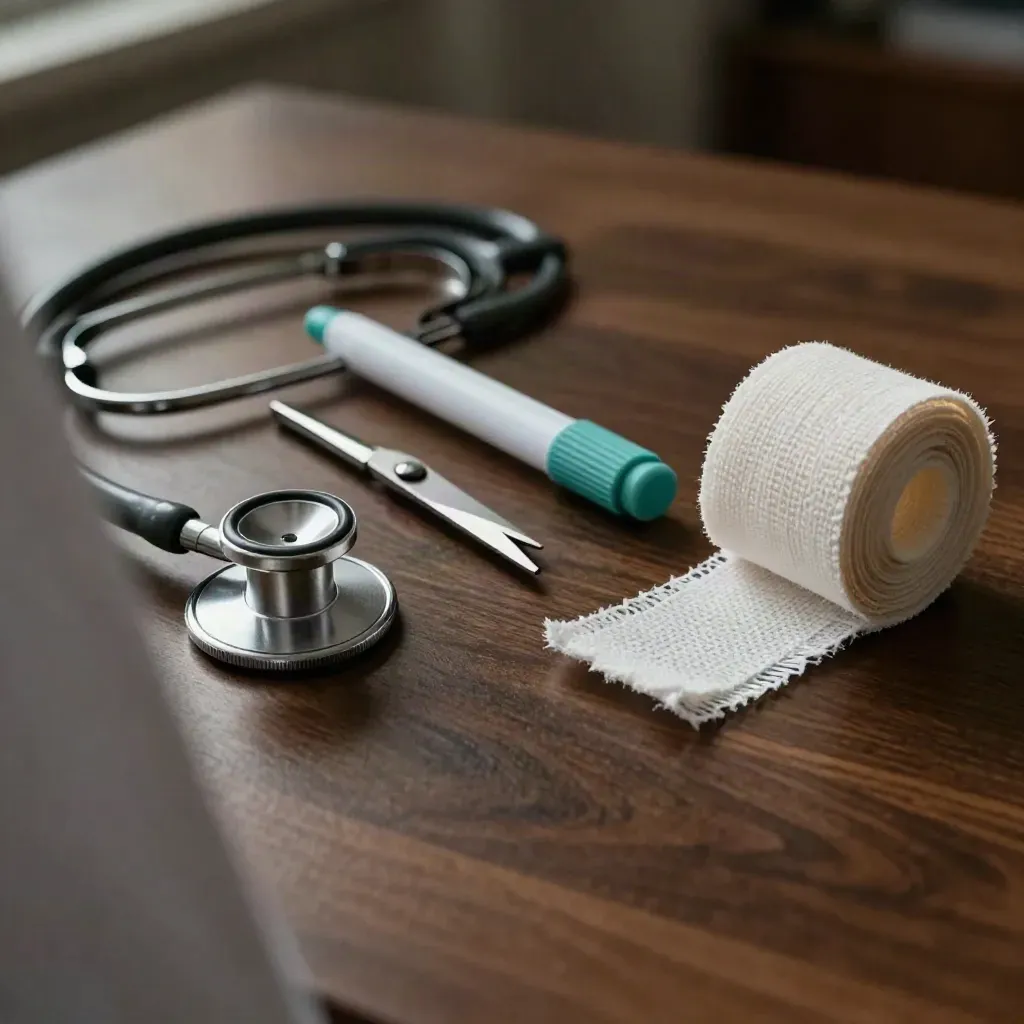 Nurse tools on dark wood: stethoscope, penlight, shears, and a bandage