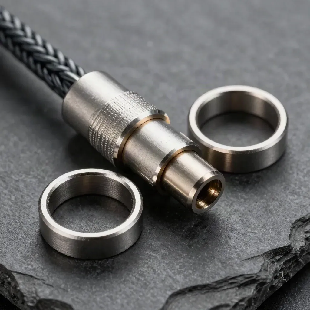 Diagonal macro of aluminum rings and cable connectors on graphite stone