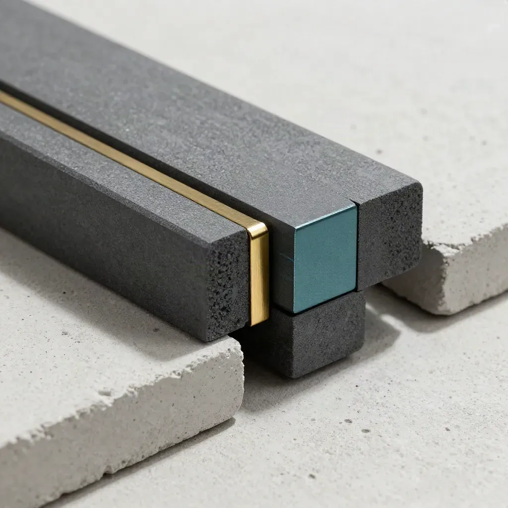 Graphite modular blocks with brass spacer sliding on pale concrete under dramatic studio light.