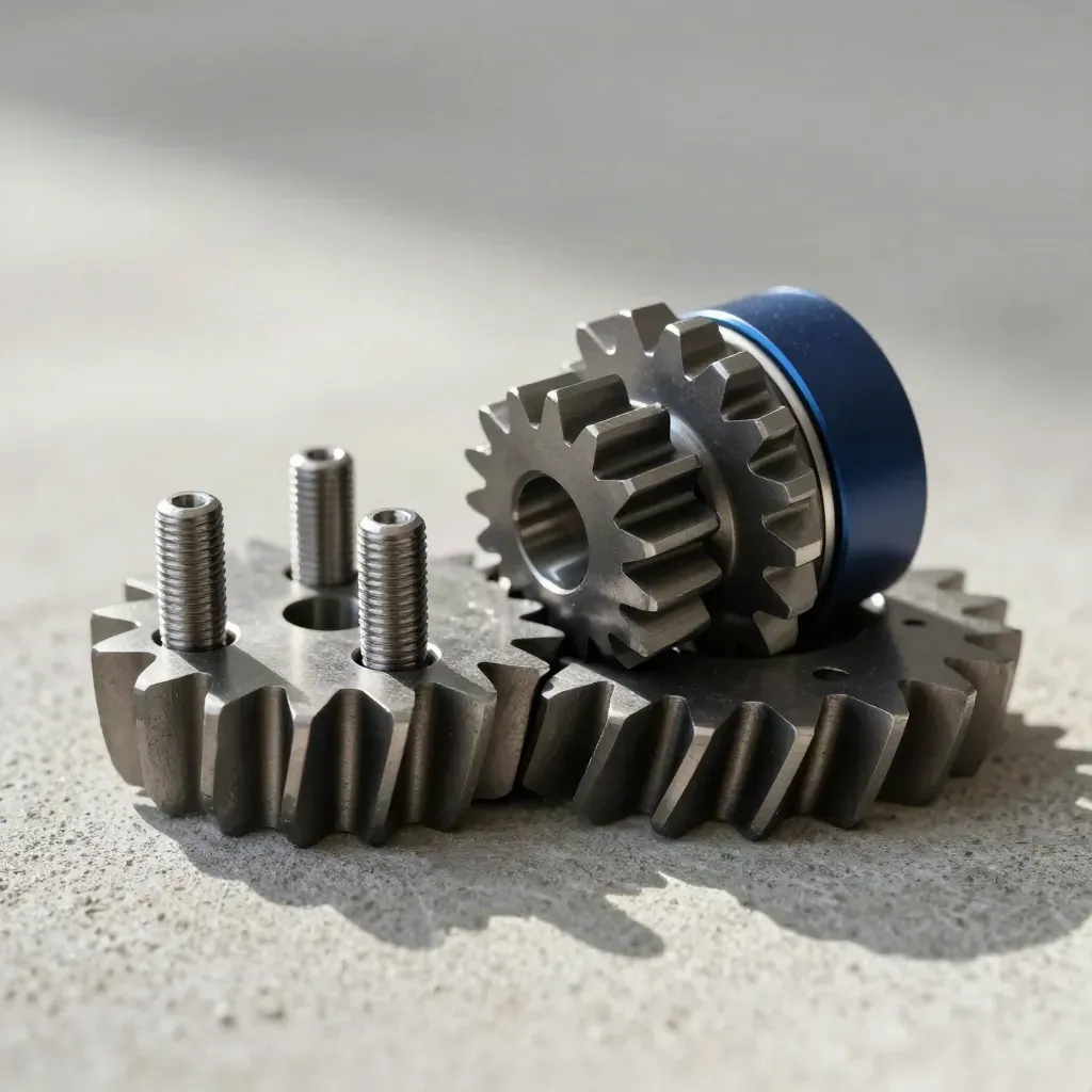 Macro of interlocking gear parts and alignment pins on cool stone with a navy accent