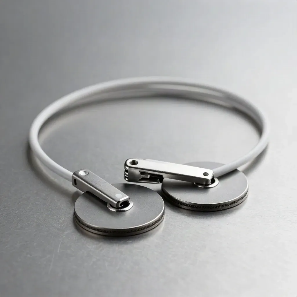 Matte connector discs and cable loop on brushed metal, lit softly in a premium still life.